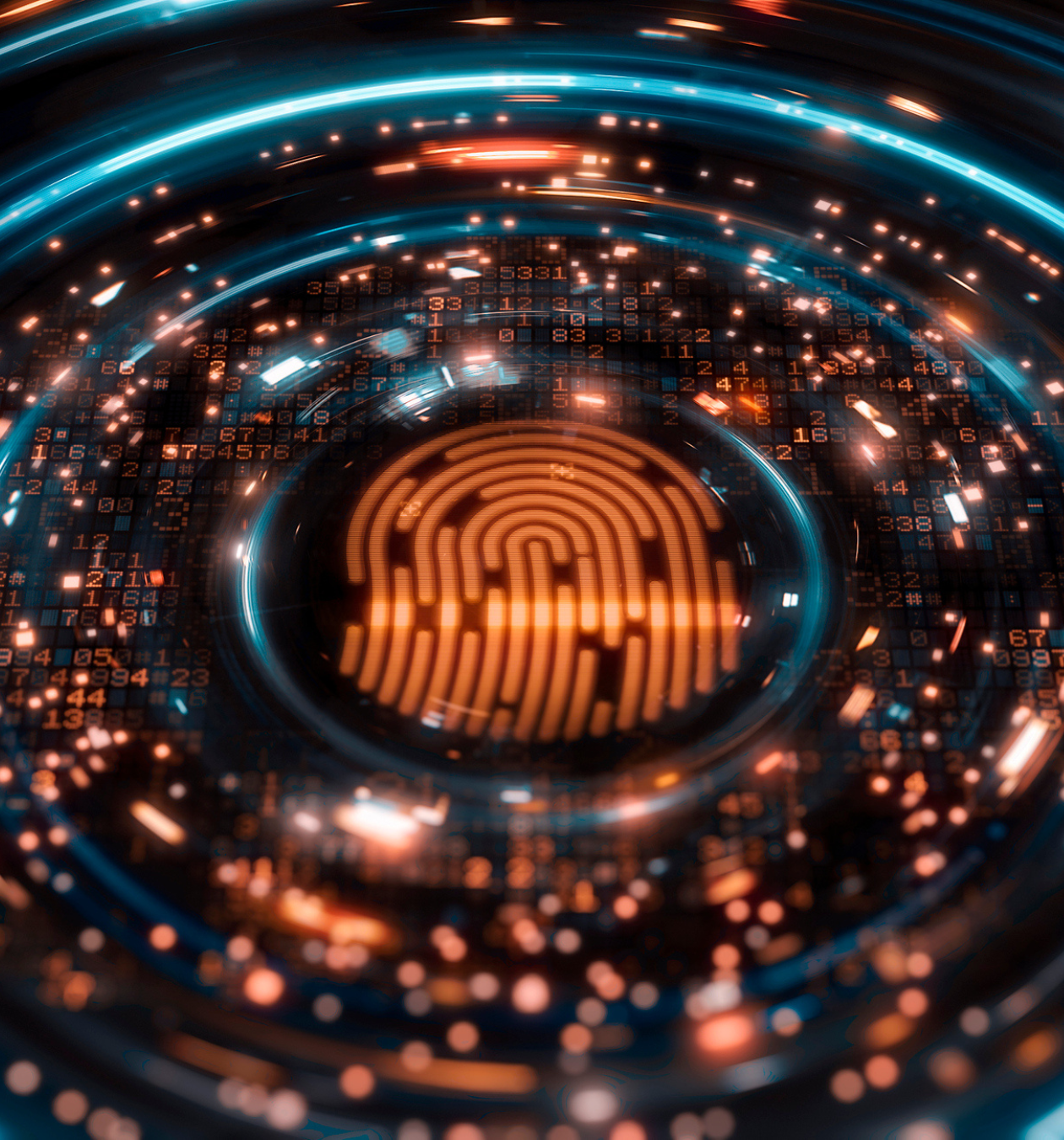 Circularly arranged binary code with a futuristic looking fingerprint scan in the centre