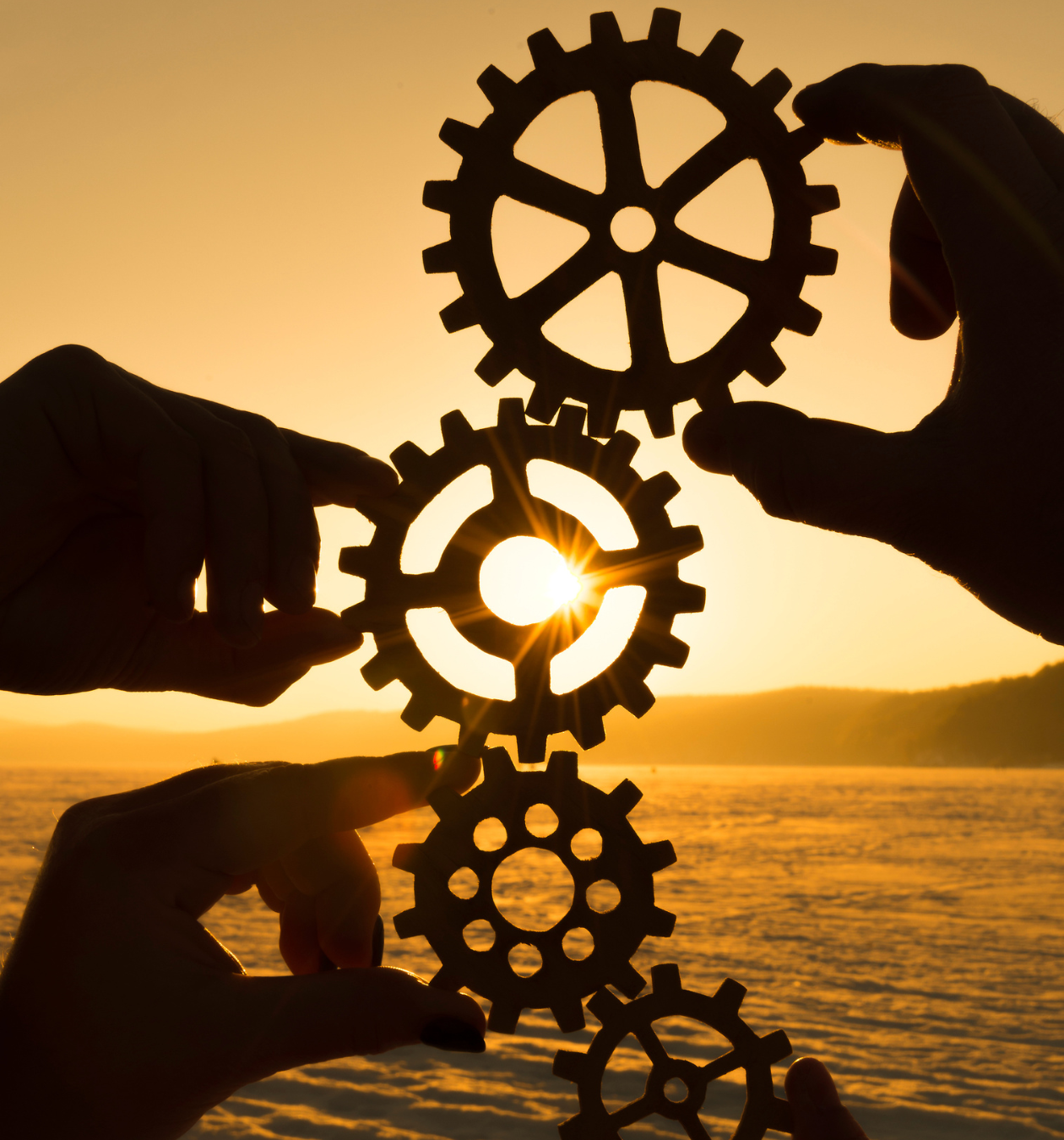 Hands holds cogs up in a line against a sunset depicting smooth operations