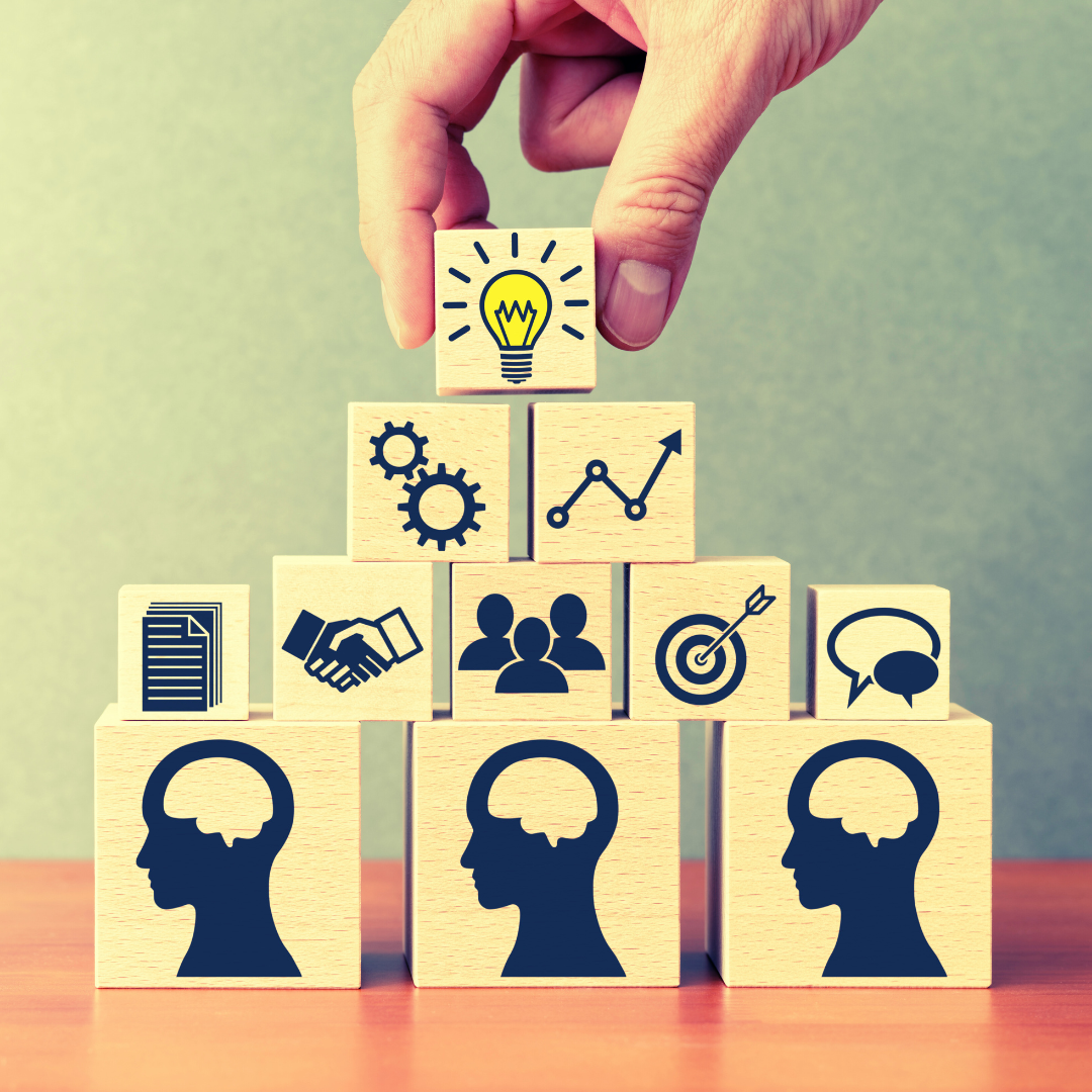 Stacked blocks in four rows showing brain icons, business symbols, cogs, growth chart and a yellow lightbulb on top